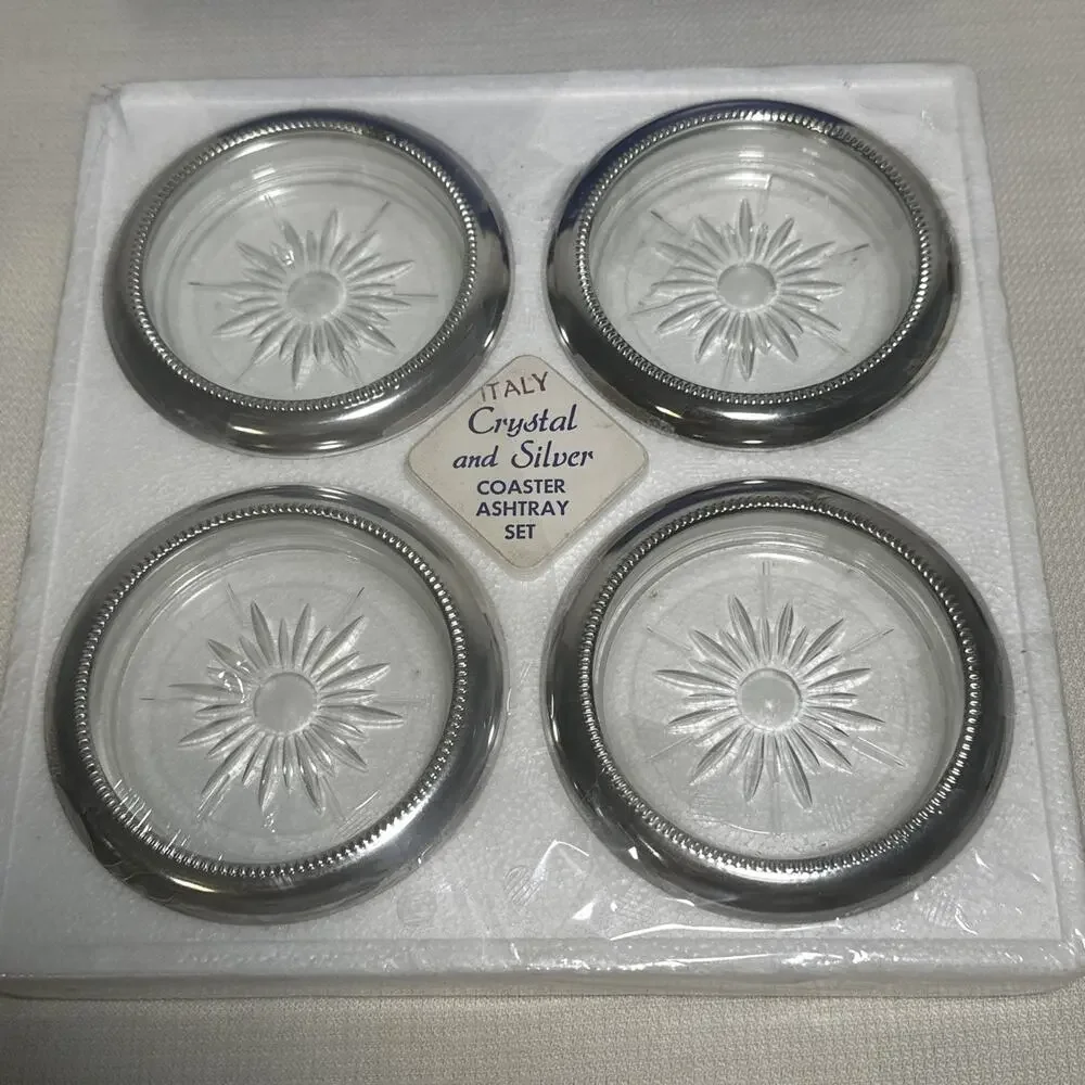 Eales 1779 Leonard Silverplate Crystal Drink Coasters Vintage Set NIB semiSEALED